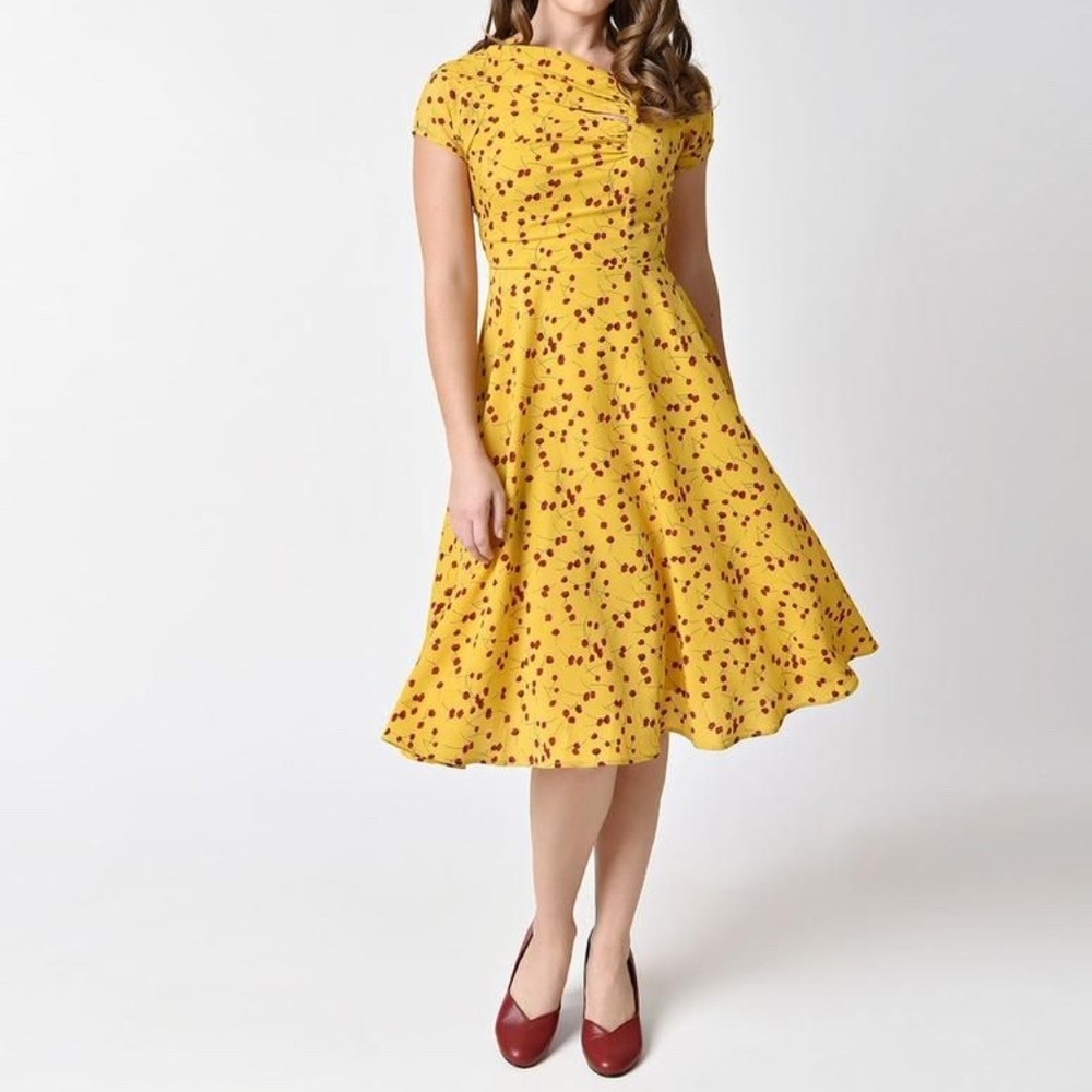 Unique Vintage Cherry Dress Medium M Yellow Red Cutout A-Line Swing Rockabilly
